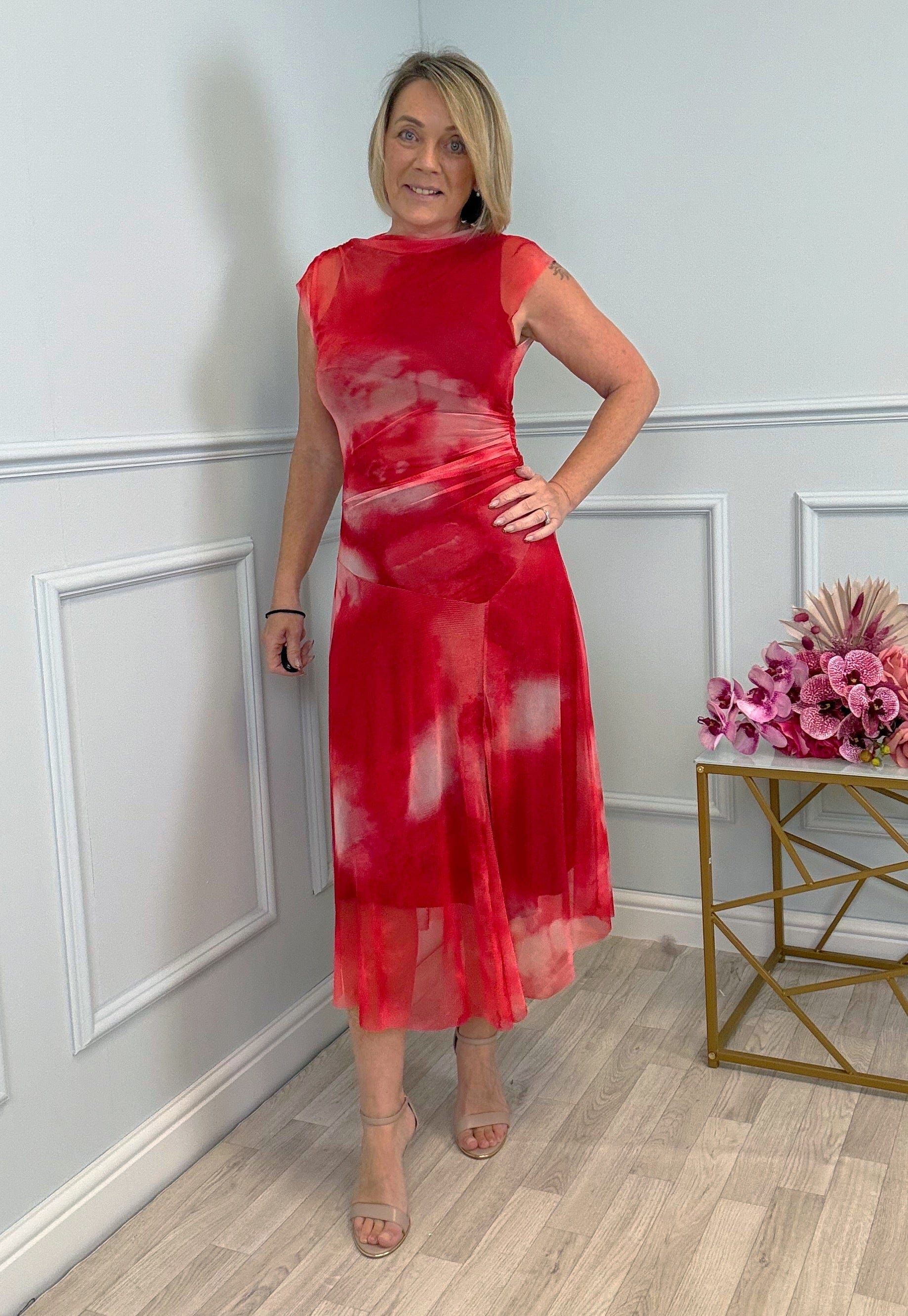 Celeste Cloud Mesh Midi Dress 8–14 Sunset Red - Susie's Boutique