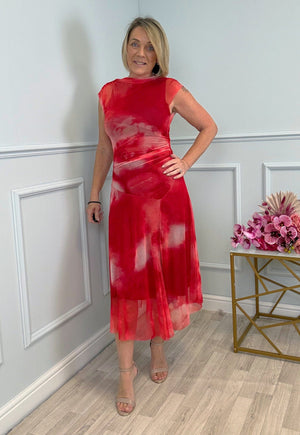 Celeste Cloud Mesh Midi Dress 8–14 Sunset Red