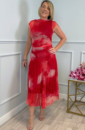 Celeste Cloud Mesh Midi Dress 8–14 Sunset Red