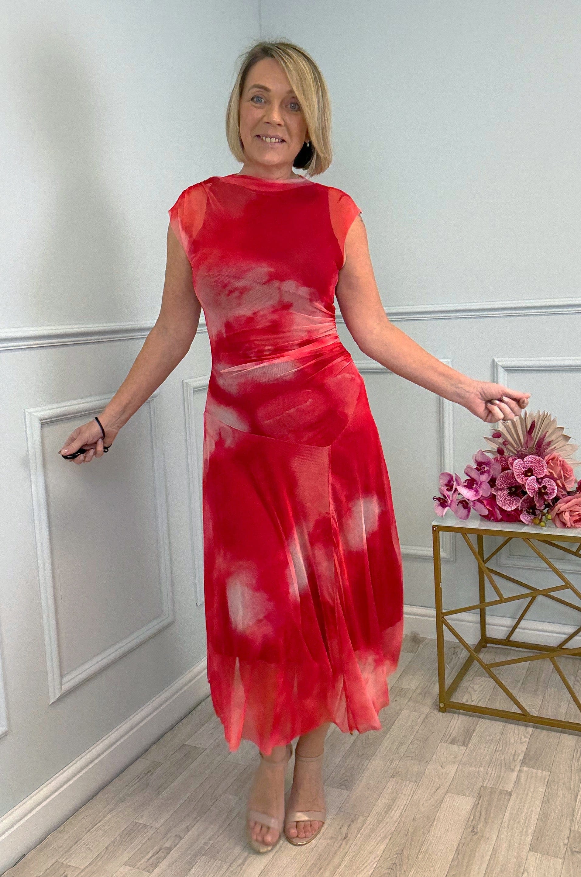 Celeste Cloud Mesh Midi Dress 8–14 Sunset Red
