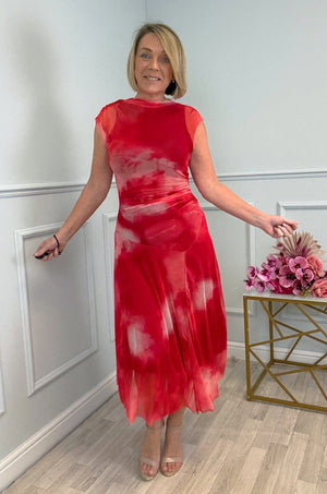 Celeste Cloud Mesh Midi Dress 8–14 Sunset Red