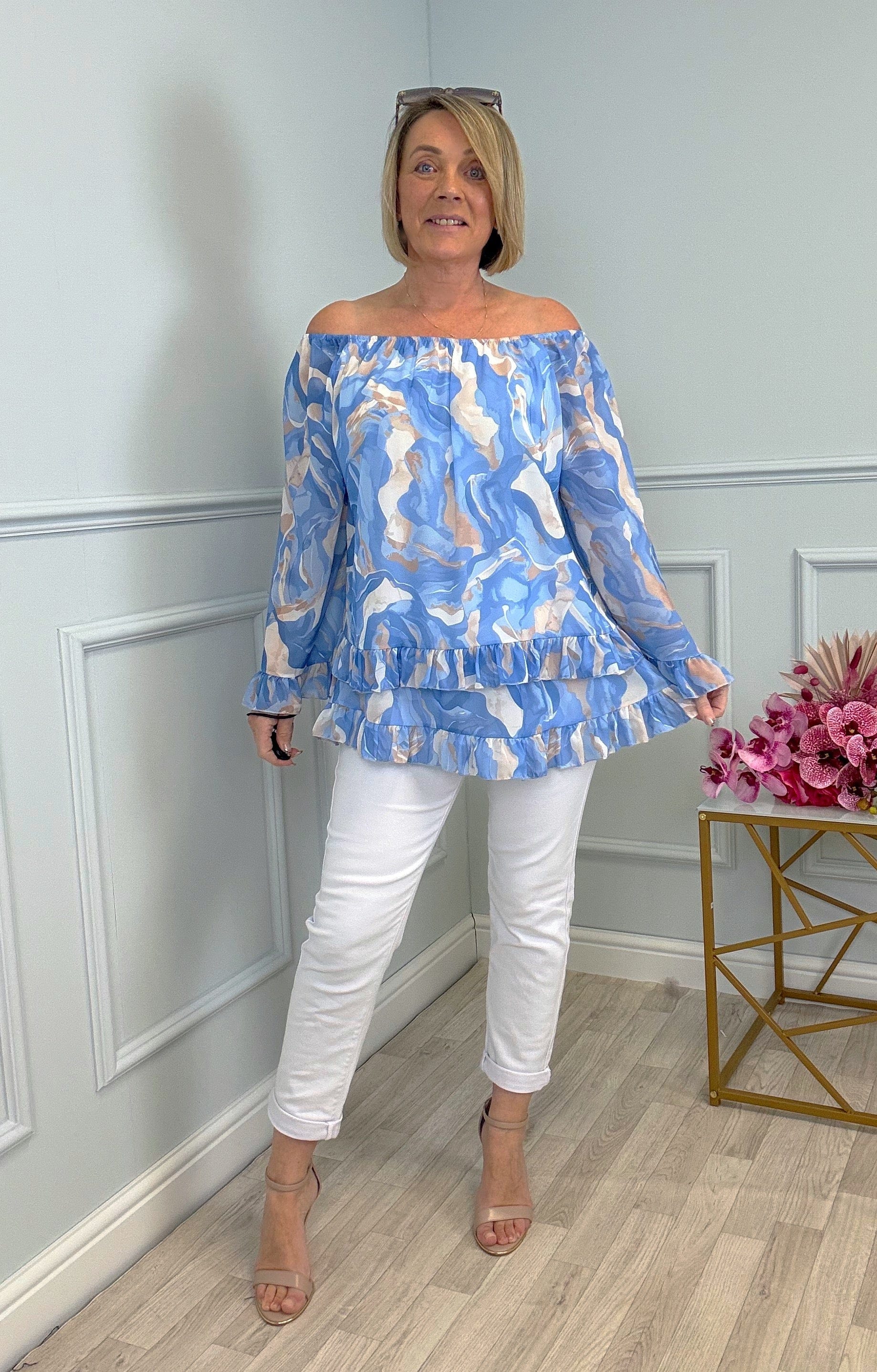 Serena Marble Bardot Frill Top Chiffon 10-20 Blue