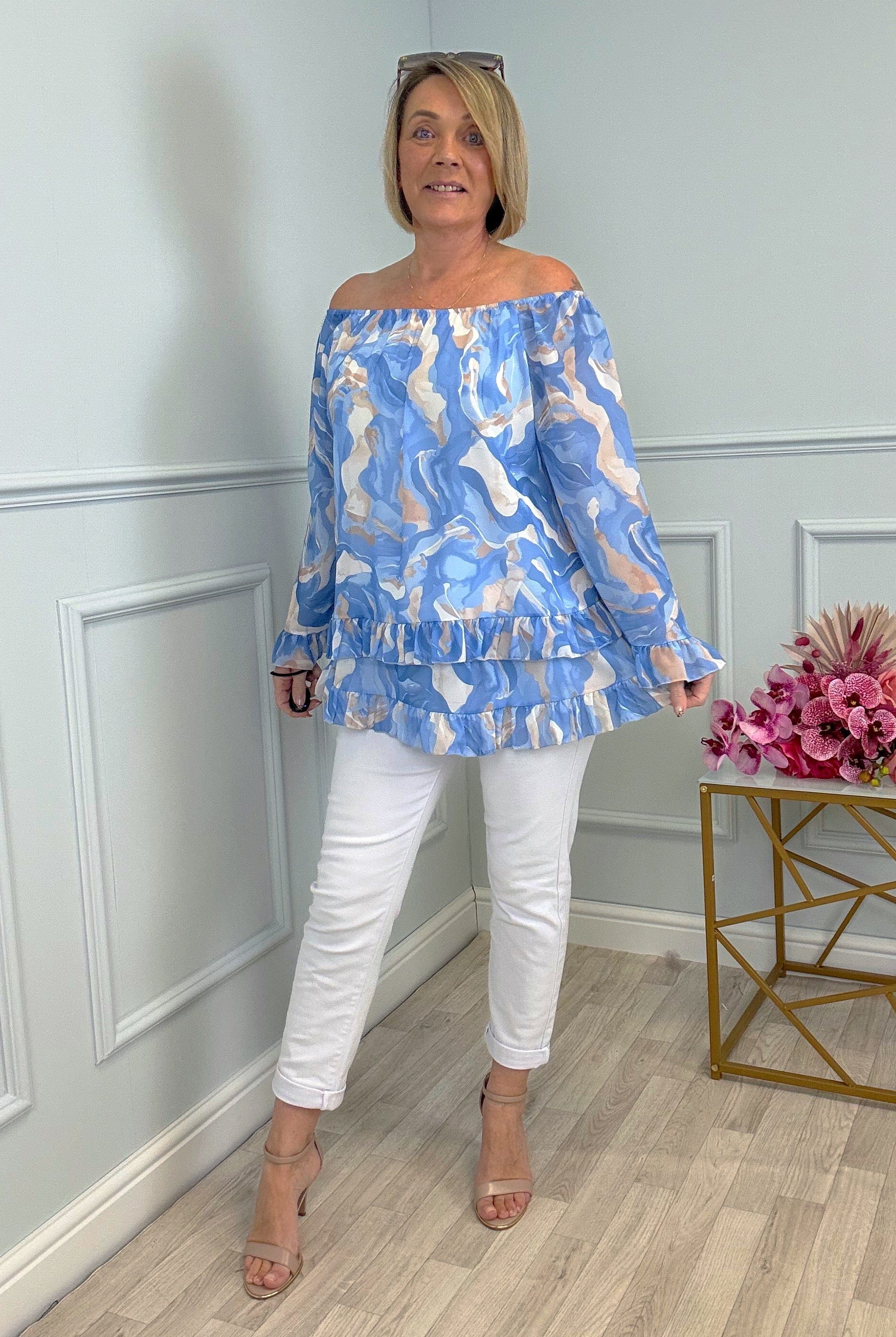 Serena Marble Bardot Frill Top Chiffon 10-20 Blue