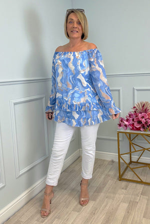 Serena Marble Bardot Frill Top Chiffon 10-20 Blue