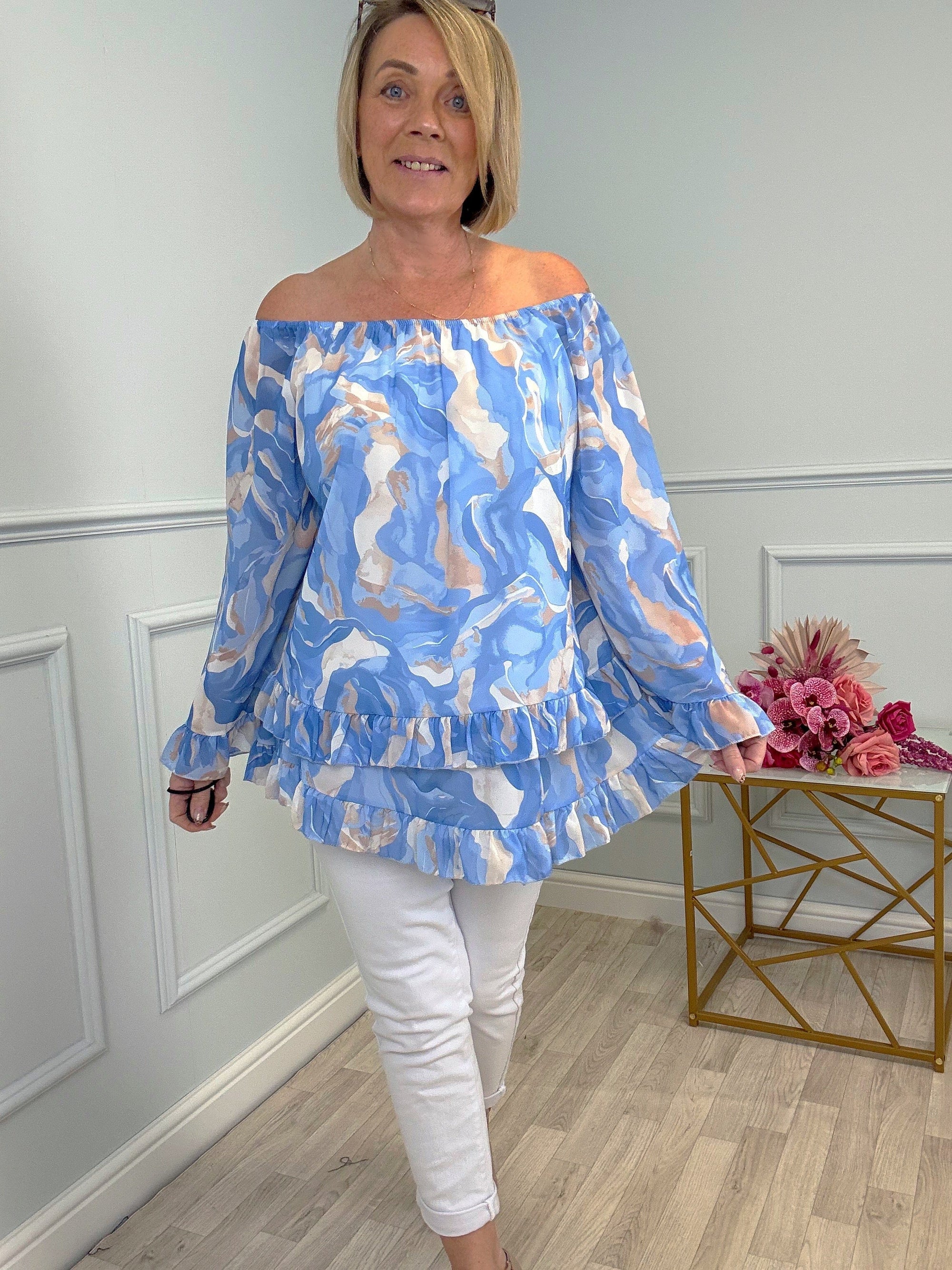 Serena Marble Bardot Frill Top Chiffon 10-20 Blue