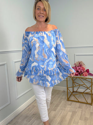 Serena Marble Bardot Frill Top Chiffon 10-20 Blue