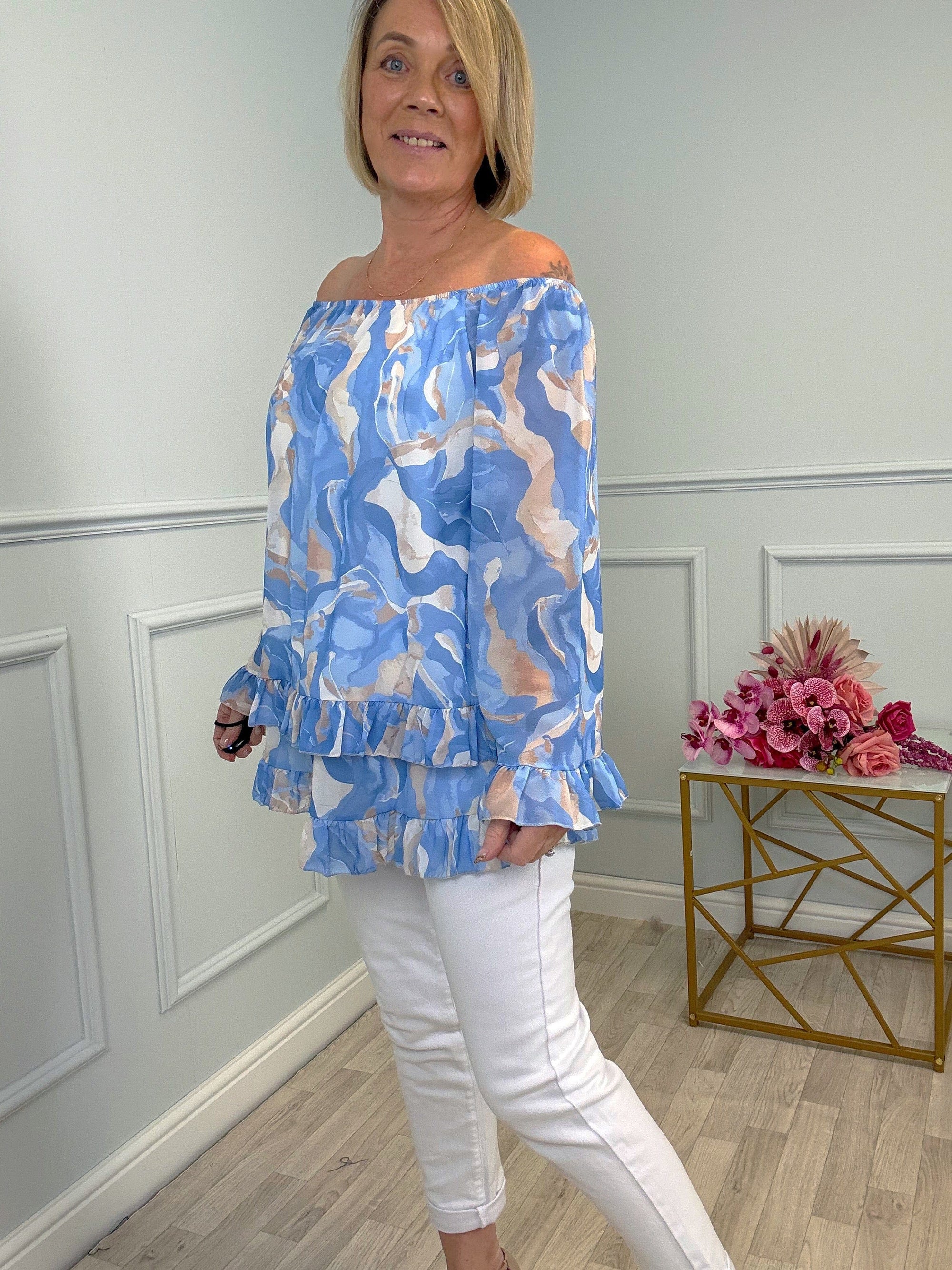 Serena Marble Bardot Frill Top Chiffon 10-20 Blue