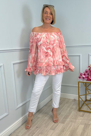 Serena Marble Bardot Frill Top Chiffon 10-20 Pink