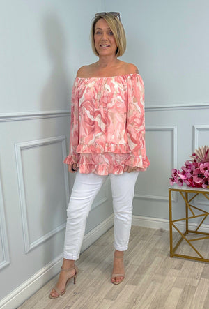 Serena Marble Bardot Frill Top Chiffon 10-20 Pink