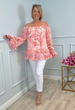 Serena Marble Bardot Frill Top Chiffon 10-20 Pink
