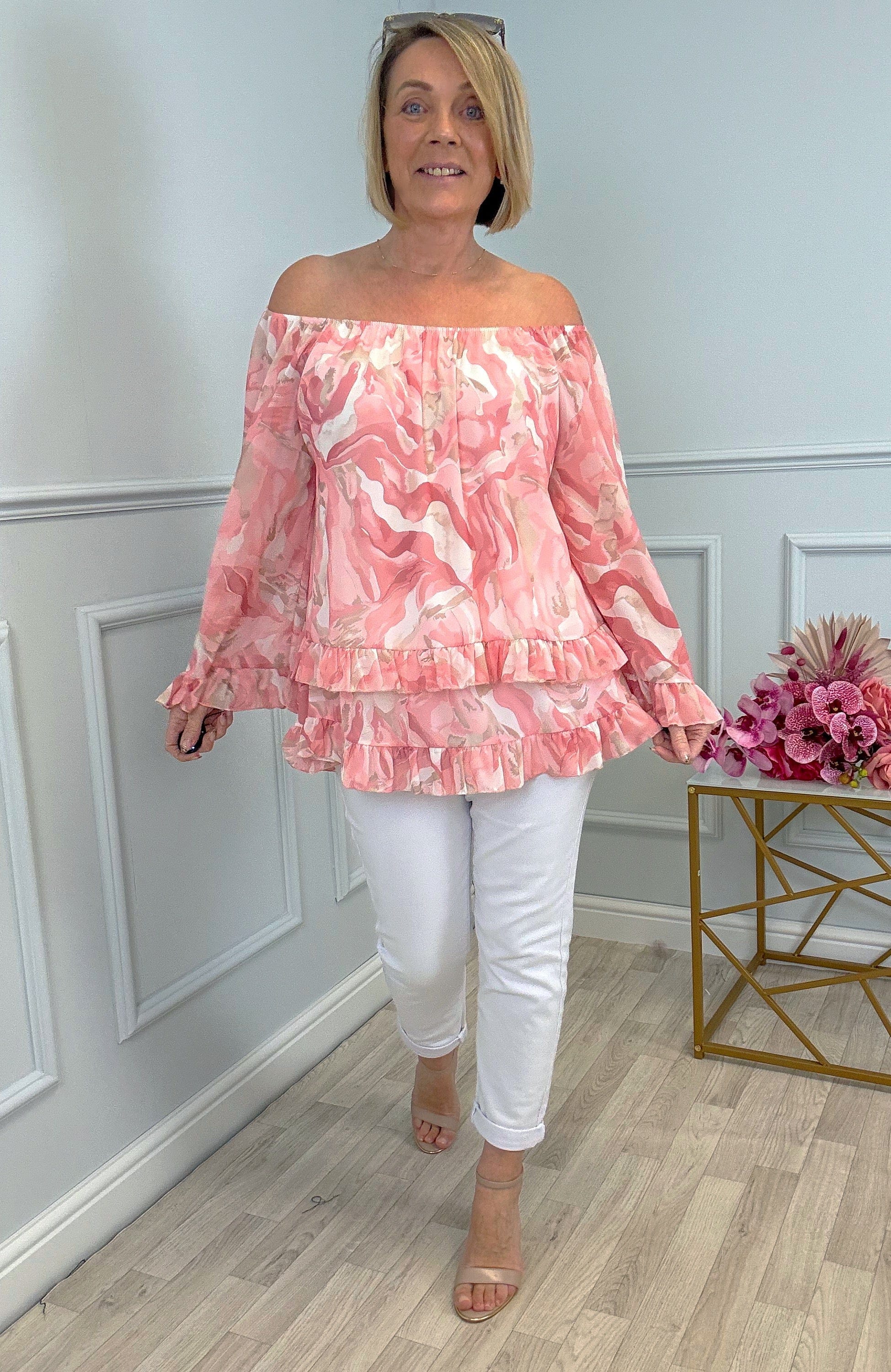 Serena Marble Bardot Frill Top Chiffon 10-20 Pink