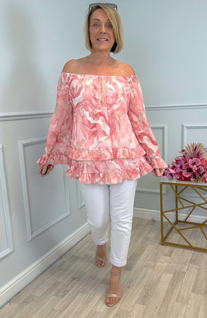 Serena Marble Bardot Frill Top Chiffon 10-20 Pink