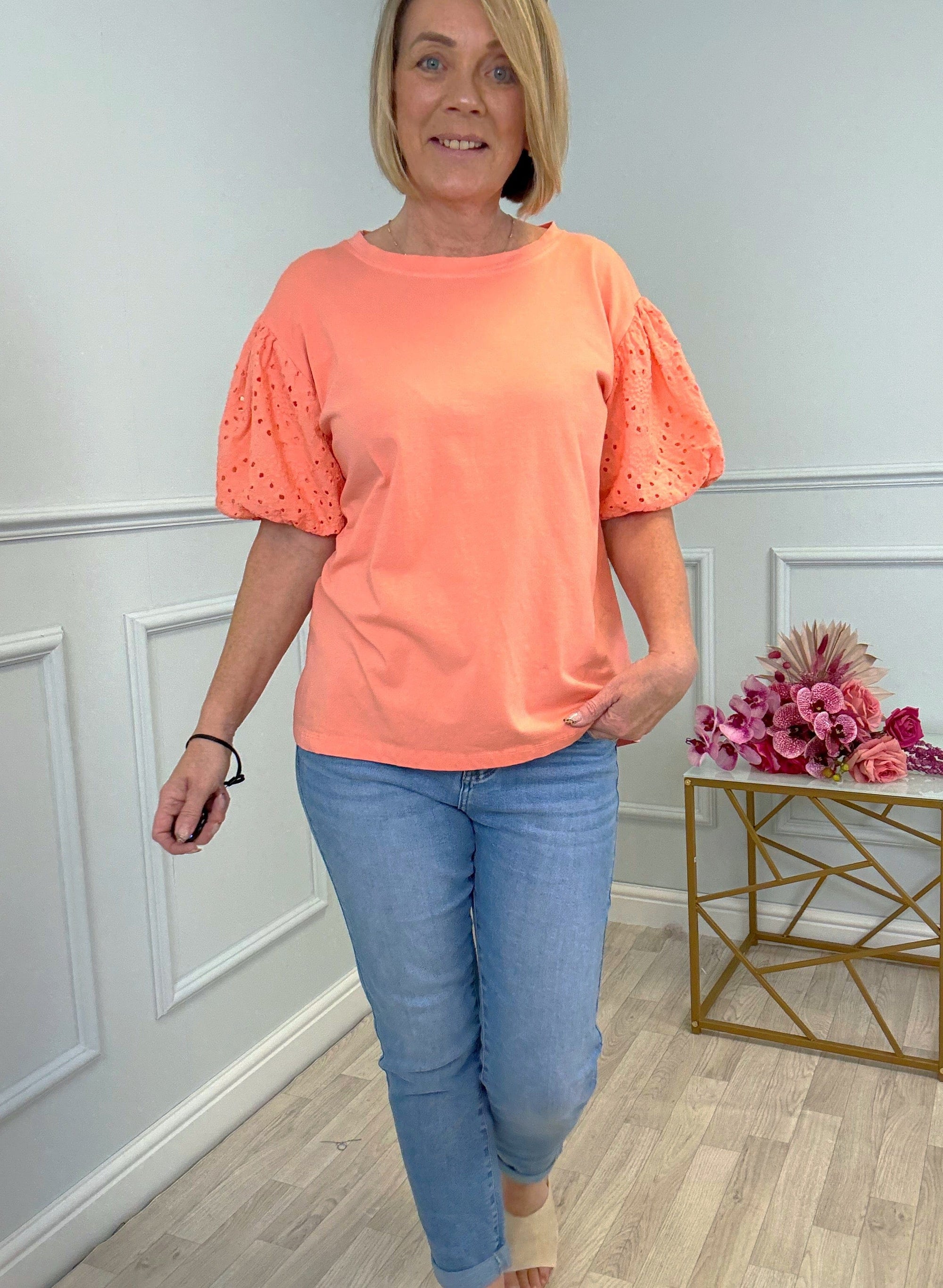 Piper Broderie Puff Sleeve T-Shirt 8-16 Coral