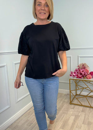 Piper Broderie Puff Sleeve T-Shirt 8-16 Black