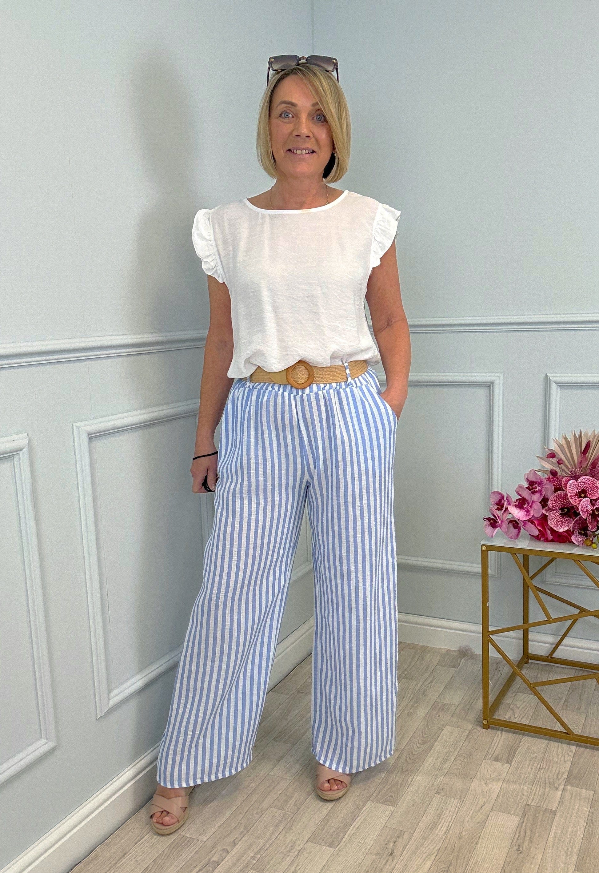 Ava Stripe Wide-Leg Trousers with Belt  8–16 Sky Blue