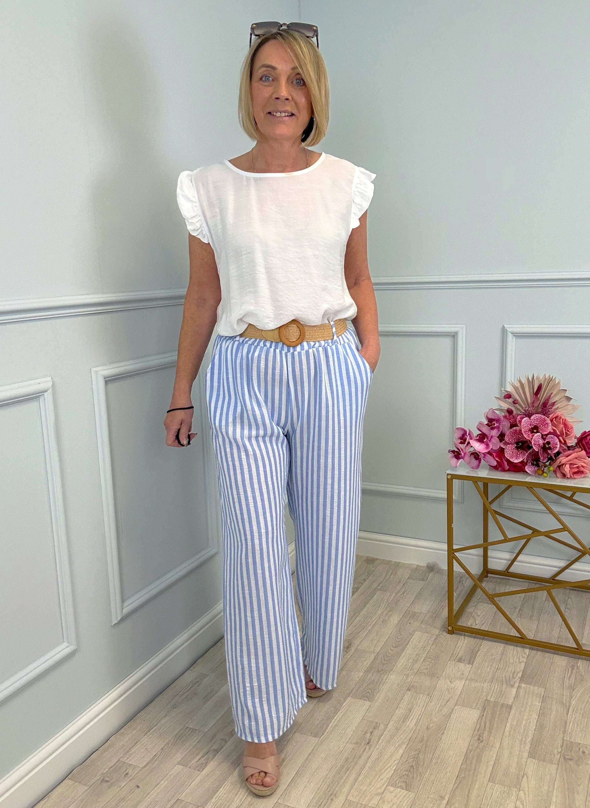 Ava Stripe Wide-Leg Trousers with Belt  8–16 Sky Blue