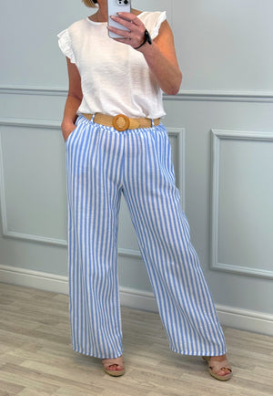 Ava Stripe Wide-Leg Trousers with Belt  8–16 Sky Blue