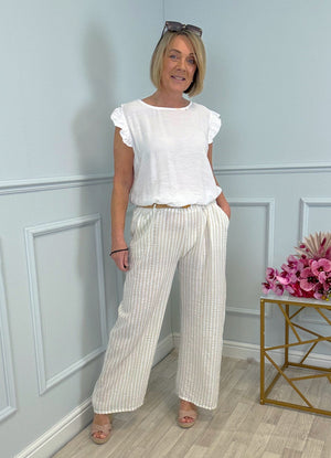 Ava Stripe Wide-Leg Trousers with Belt  8–16 Beige