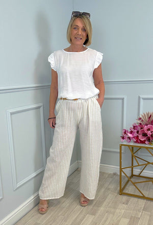 Ava Stripe Wide-Leg Trousers with Belt  8–16 Beige