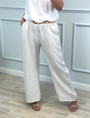 Ava Stripe Wide-Leg Trousers with Belt  8–16 Beige