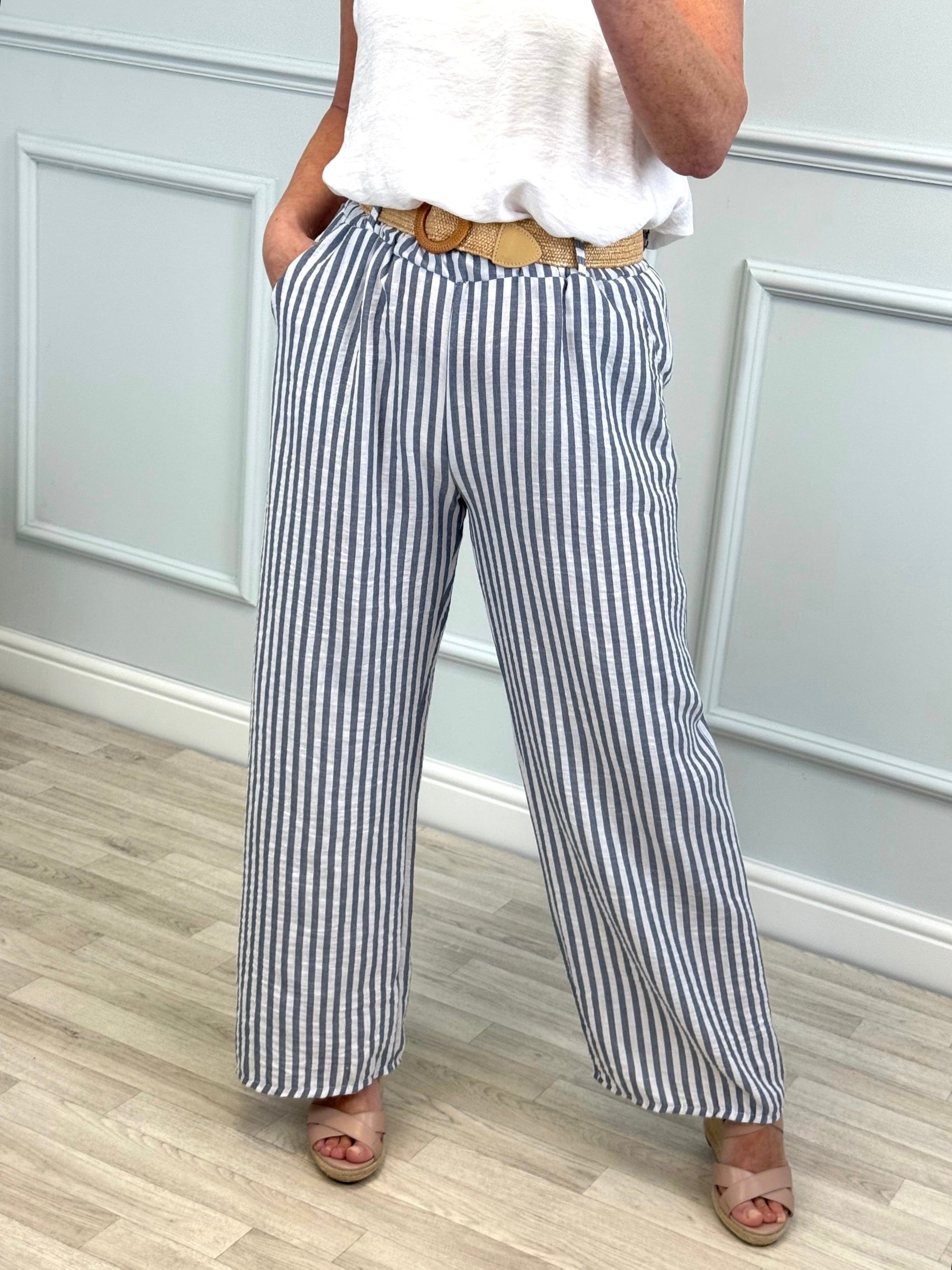 Ava Stripe Wide-Leg Trousers with Belt  8–16 Navy