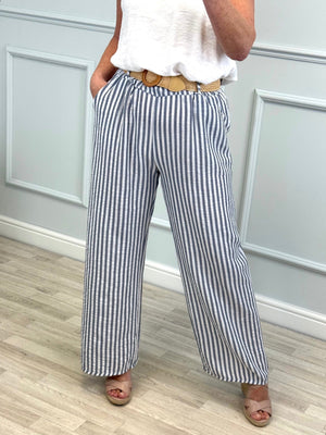 Ava Stripe Wide-Leg Trousers with Belt  8–16 Navy