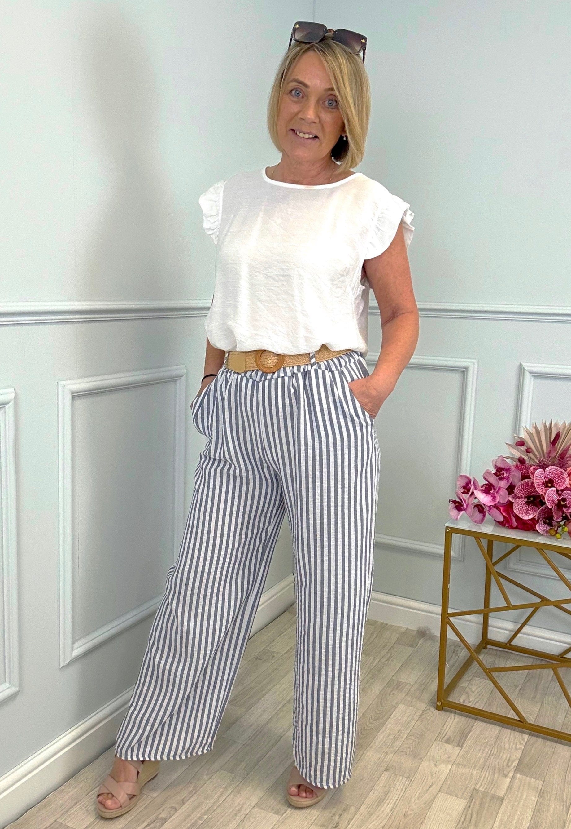 Ava Stripe Wide-Leg Trousers with Belt  8–16 Navy