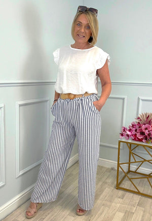Ava Stripe Wide-Leg Trousers with Belt  8–16 Navy