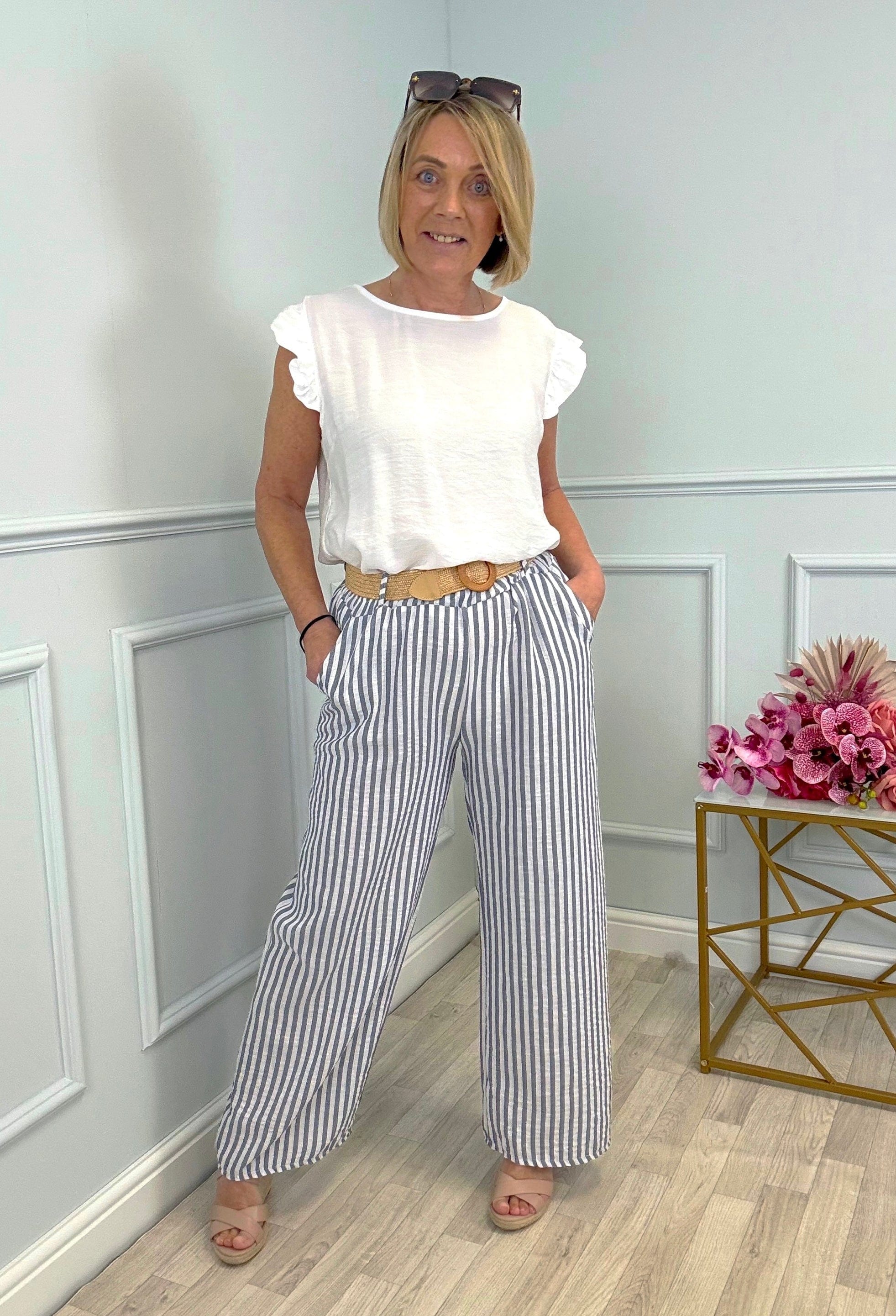Ava Stripe Wide-Leg Trousers with Belt  8–16 Navy