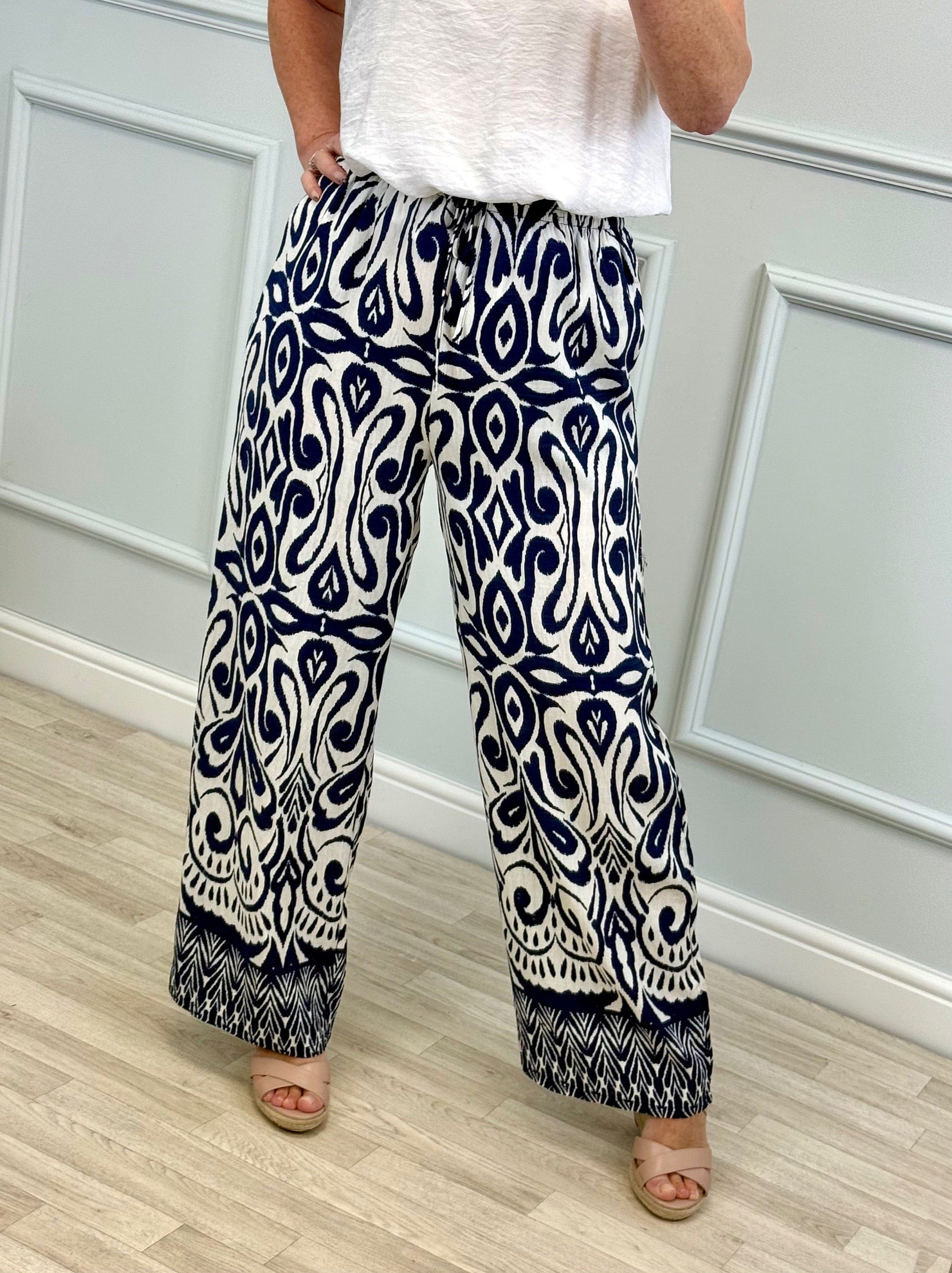 Indira Navy Aztec Wide-Leg Trousers 8-14