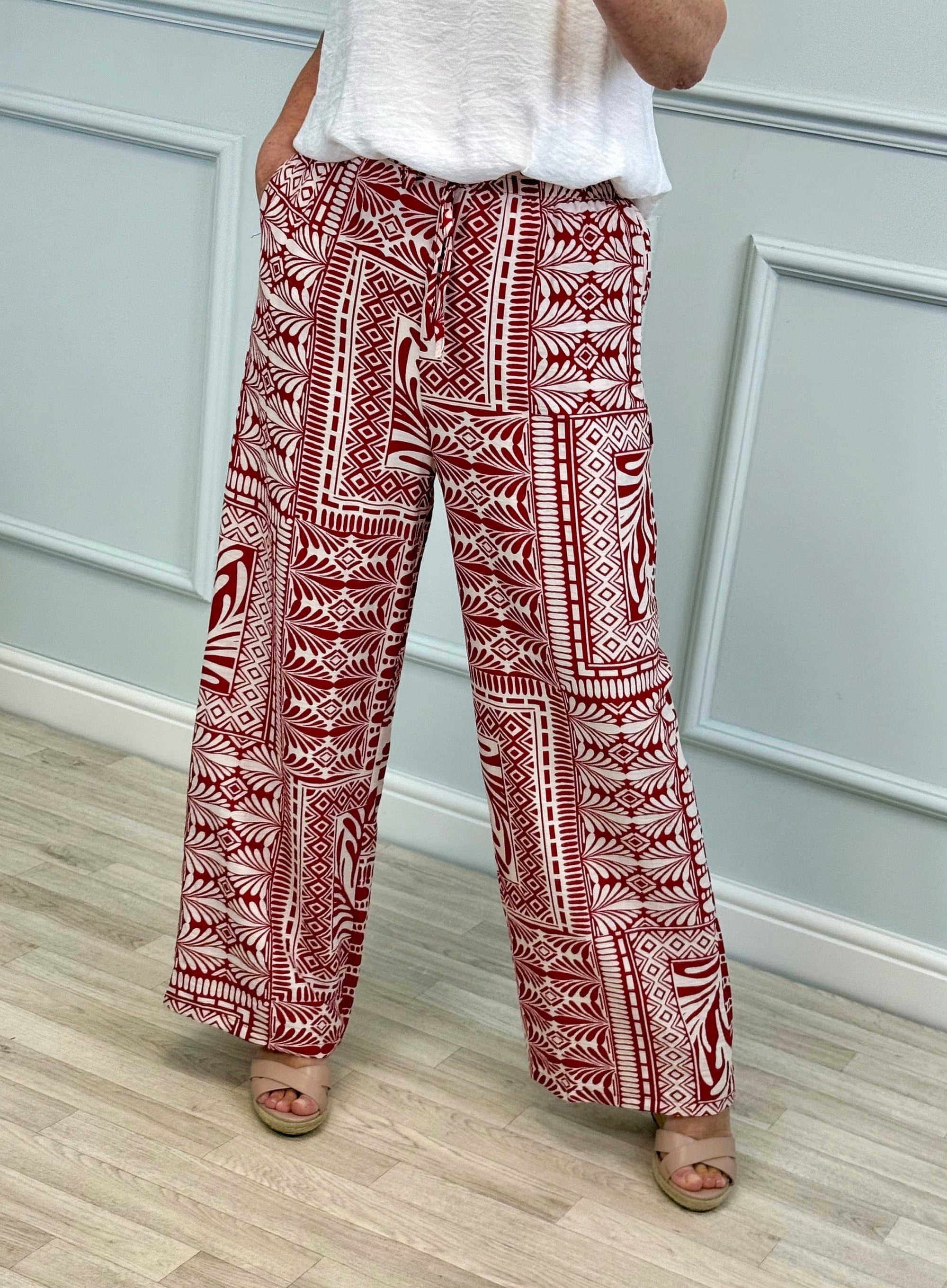 Zahara Red Wide-Leg Trousers – Boho Printed Style (Sizes 8–14)
