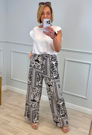 Zahara BlackWide-Leg Trousers – Boho Printed Style (Sizes 8–14)