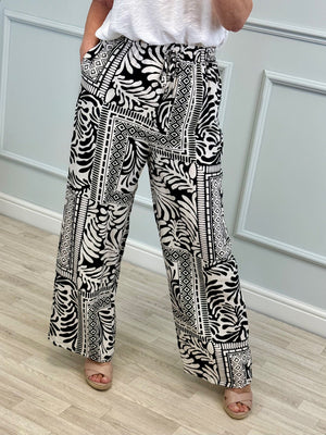 Zahara BlackWide-Leg Trousers – Boho Printed Style (Sizes 8–14)