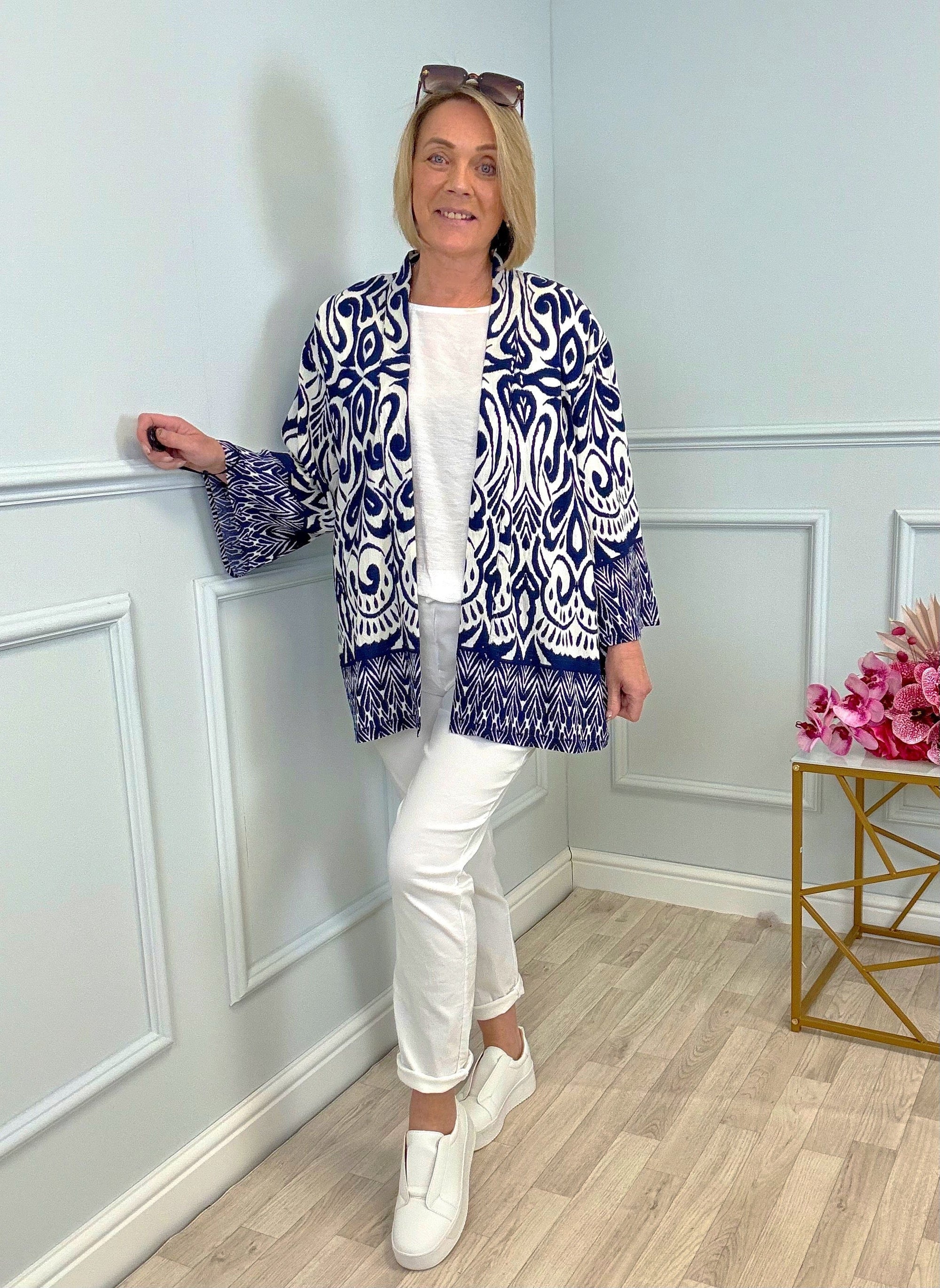 Indira Aztec Kimono – Navy Boho Layering Piece (Sizes 8–20)