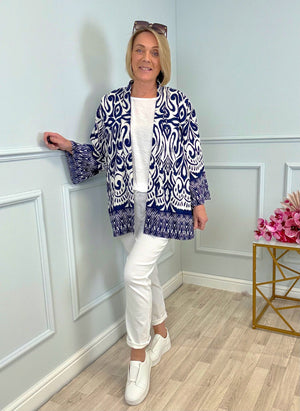 Indira Aztec Kimono – Navy Boho Layering Piece (Sizes 8–20)