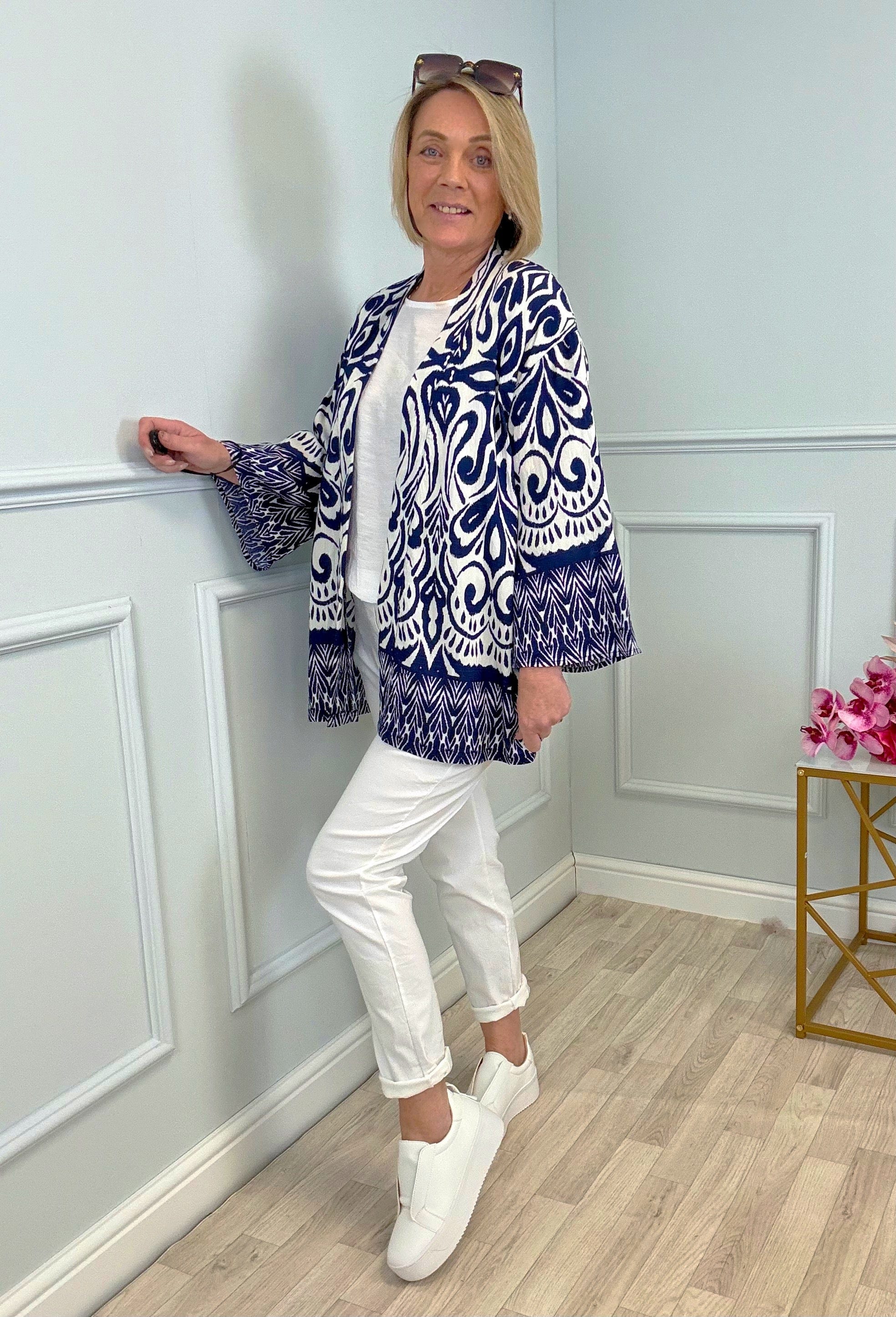 Indira Aztec Kimono – Navy Boho Layering Piece (Sizes 8–20)