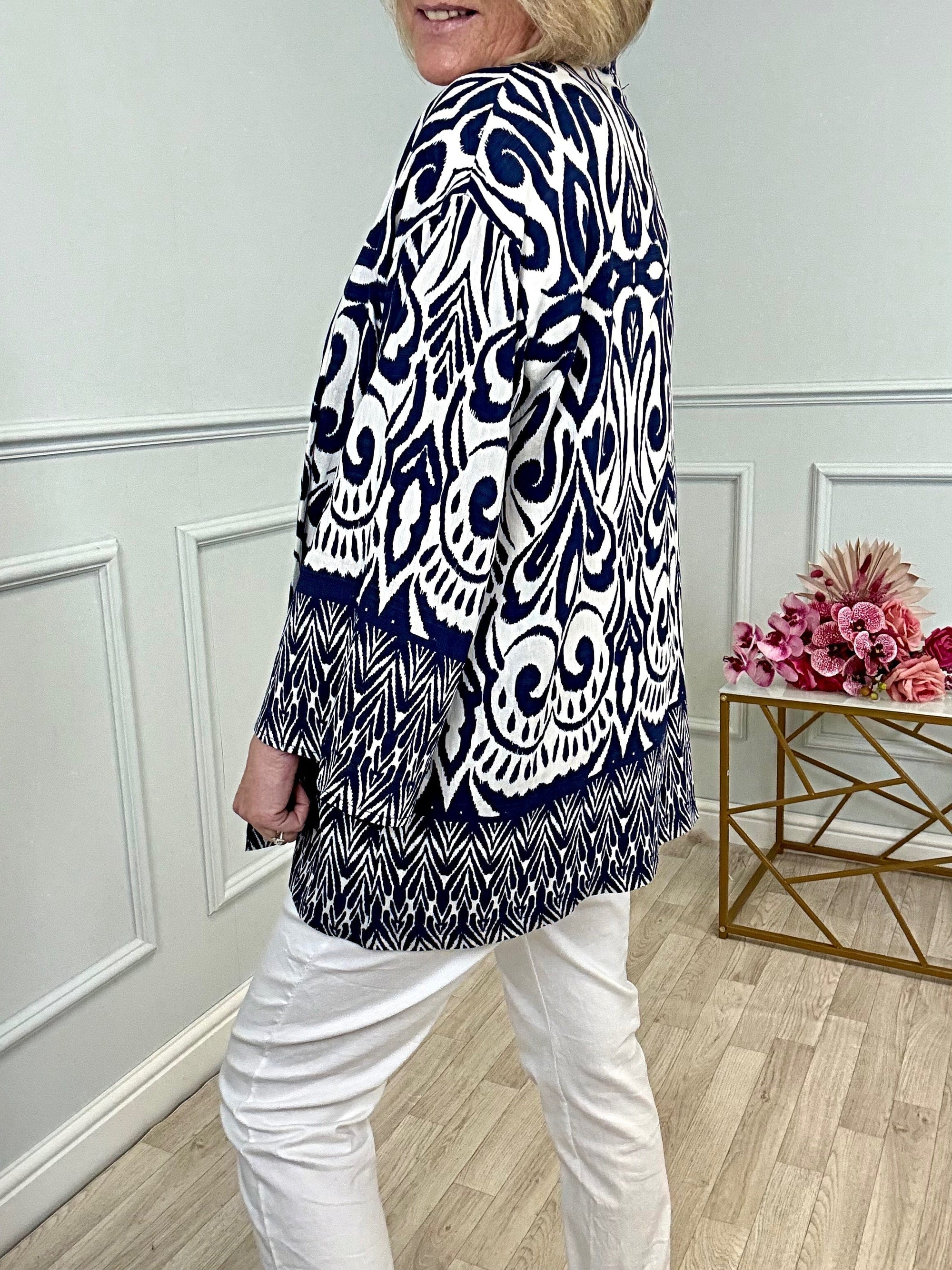 Indira Aztec Kimono – Navy Boho Layering Piece (Sizes 8–20)