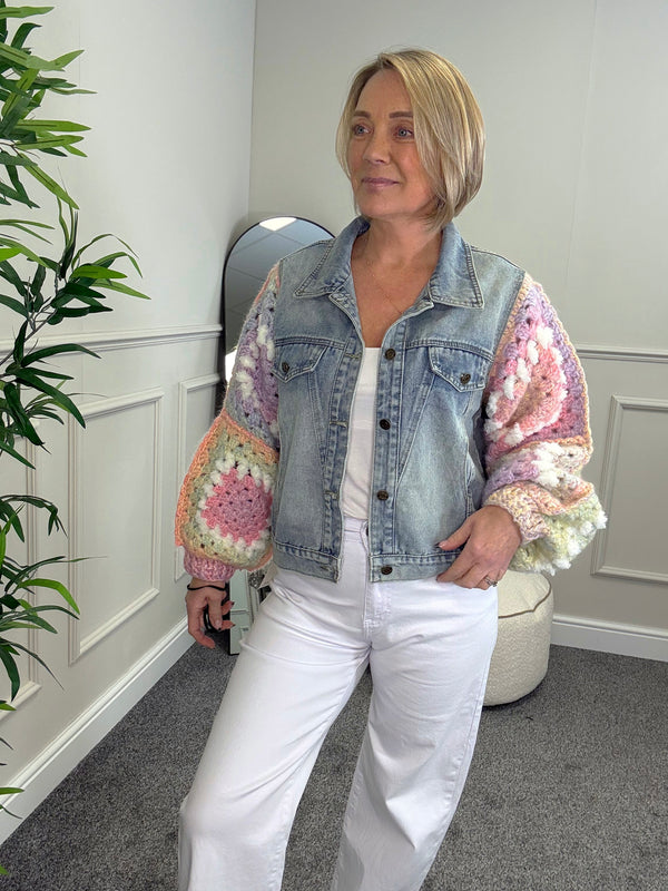 Aria Denim Jacket with Crochet Sleeves