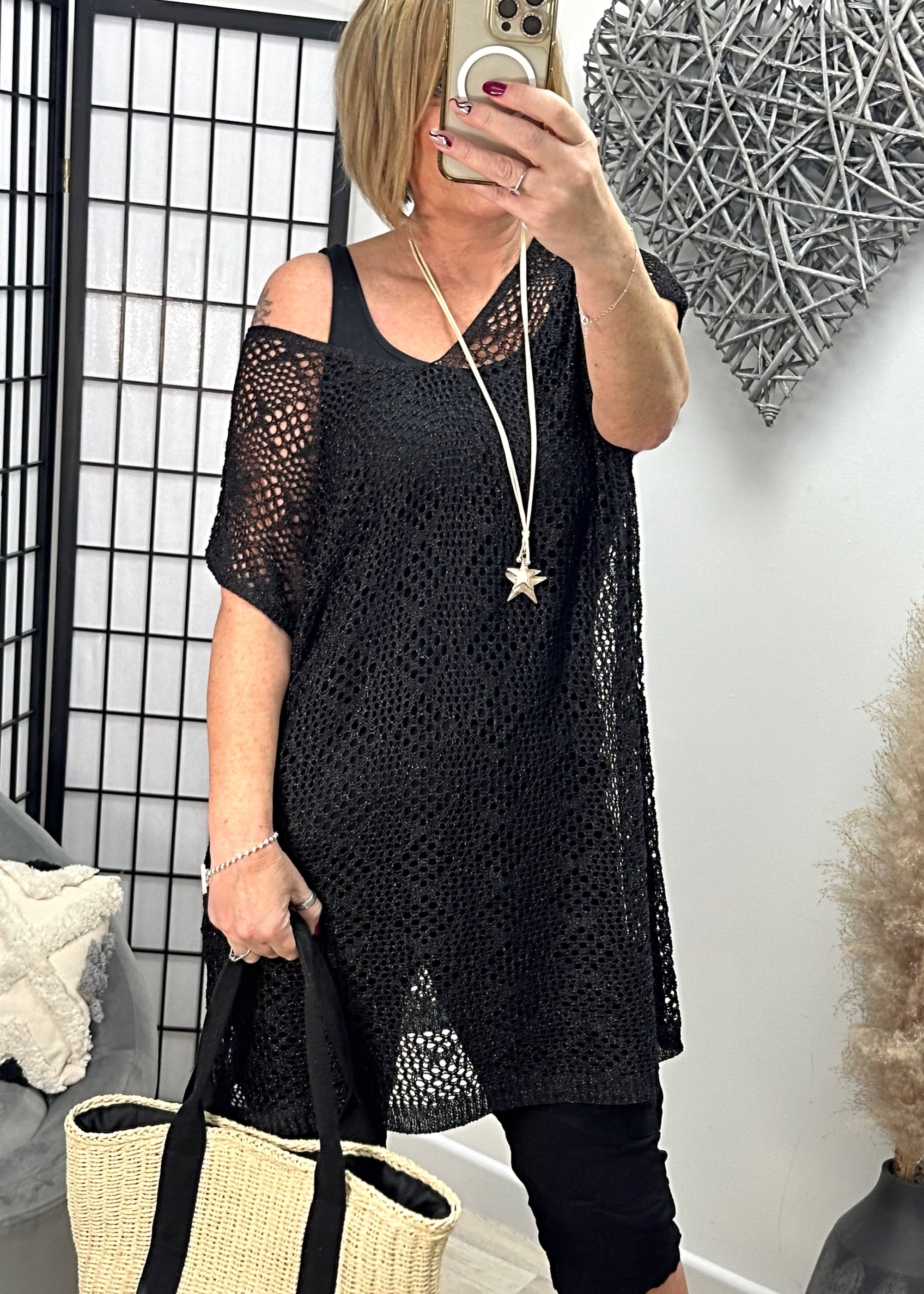 Allegra Oversized Crochet Cover Up Dress 10-18 Black - Susie's Boutique
