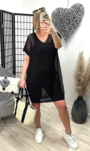 Elva Oversized Crochet Knit Cover up Dress 10-18 Black - Susie's Boutique