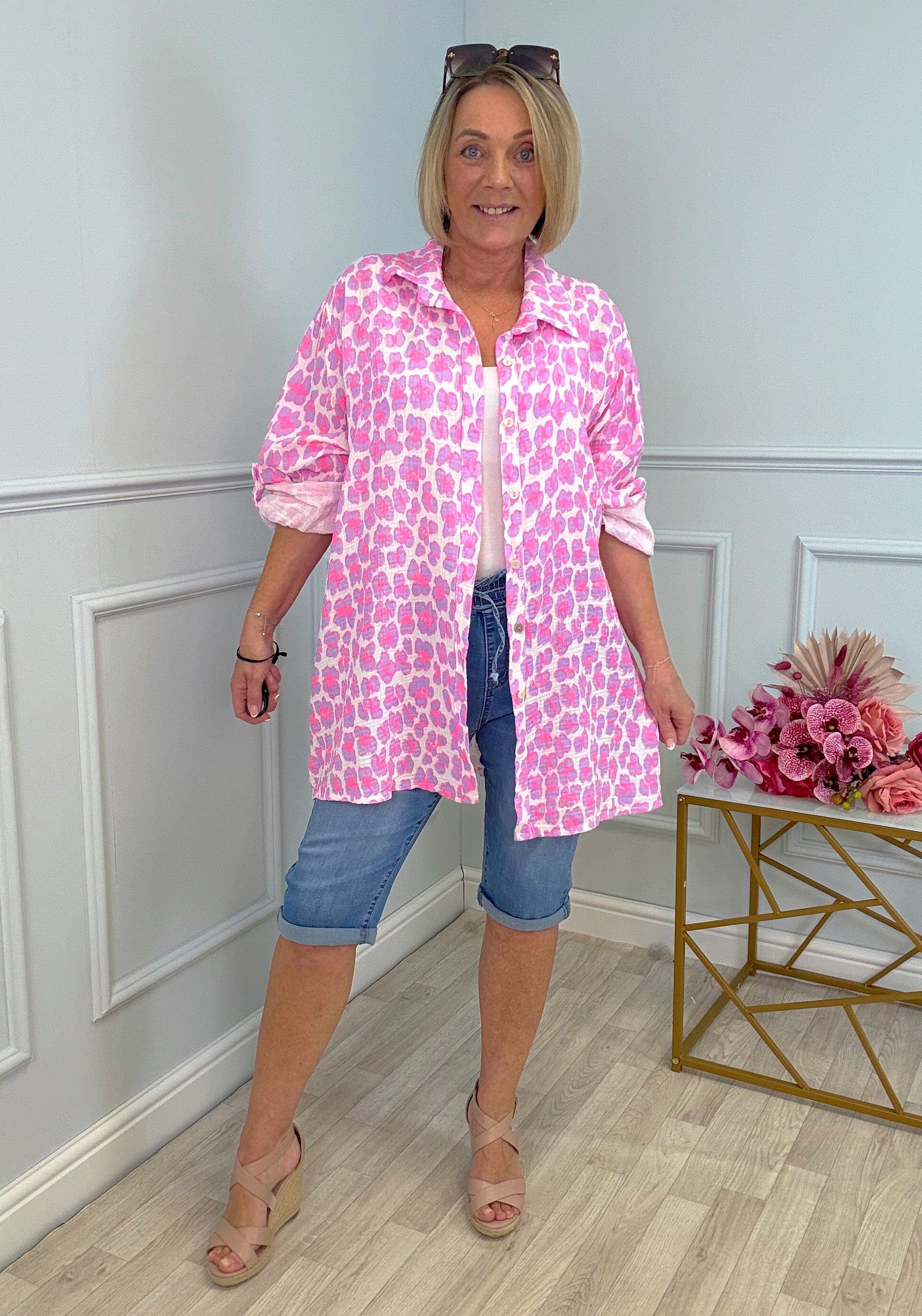 Cleo Neon Leopard Cheesecloth Shirt 10-20 Hot Pink