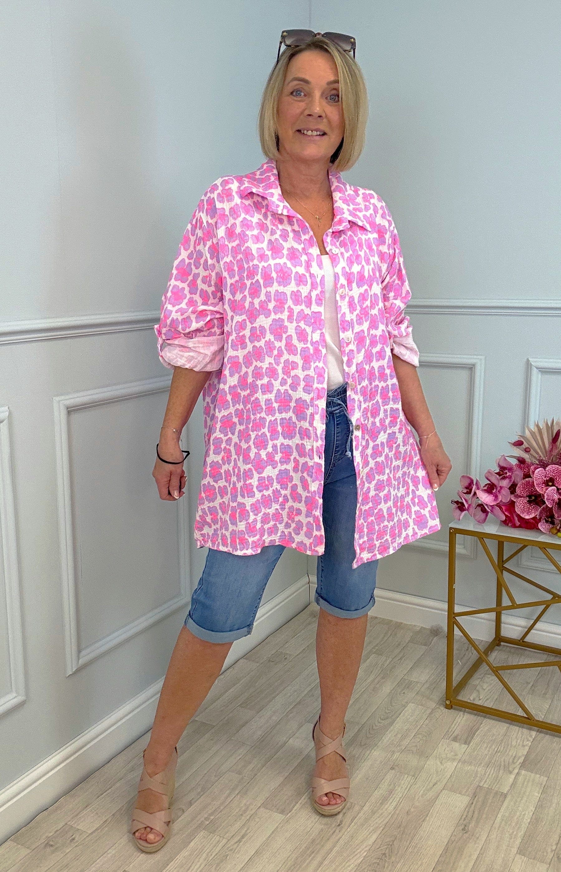 Cleo Neon Leopard Cheesecloth Shirt 10-20 Hot Pink