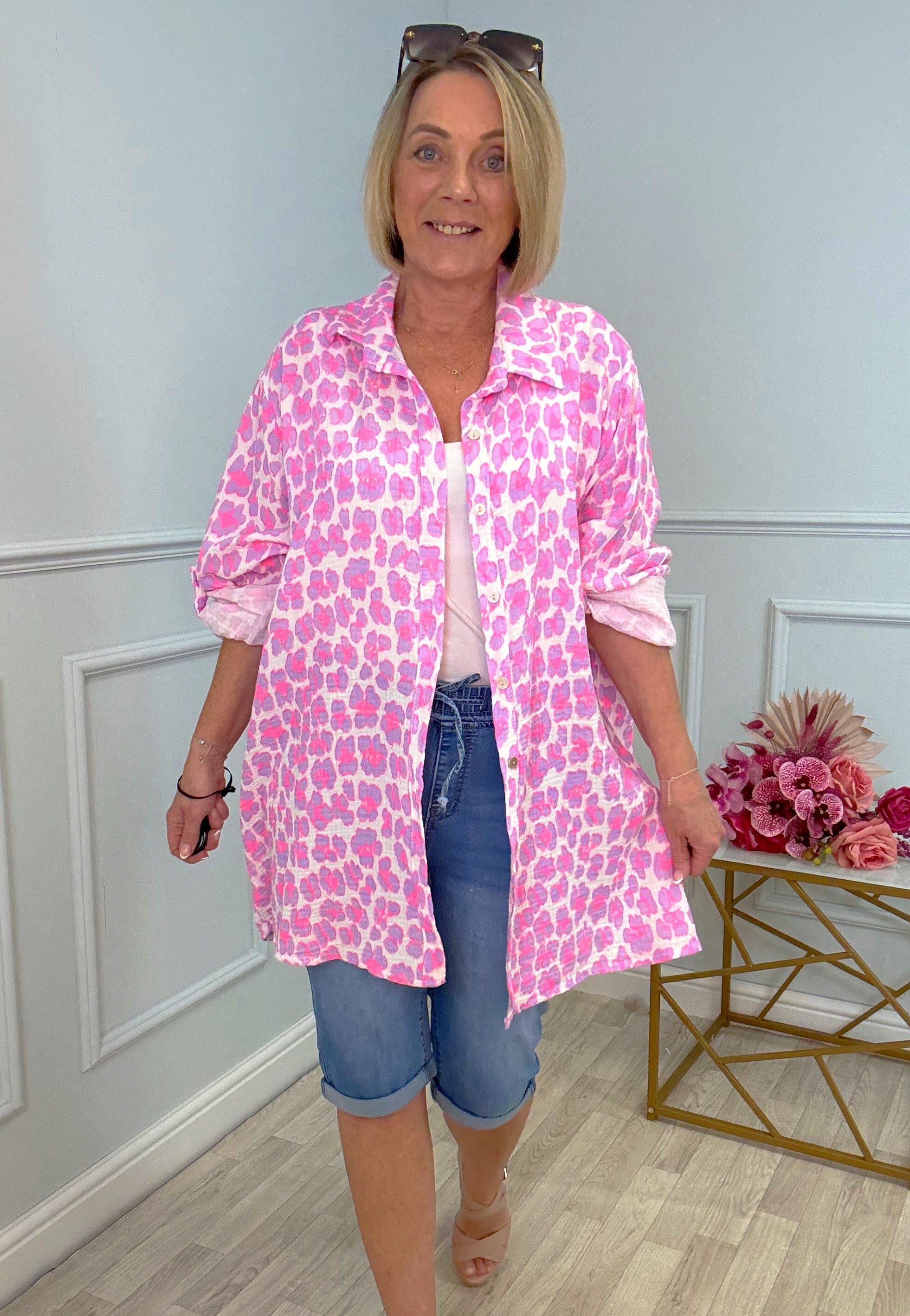 Cleo Neon Leopard Cheesecloth Shirt 10-20 Hot Pink