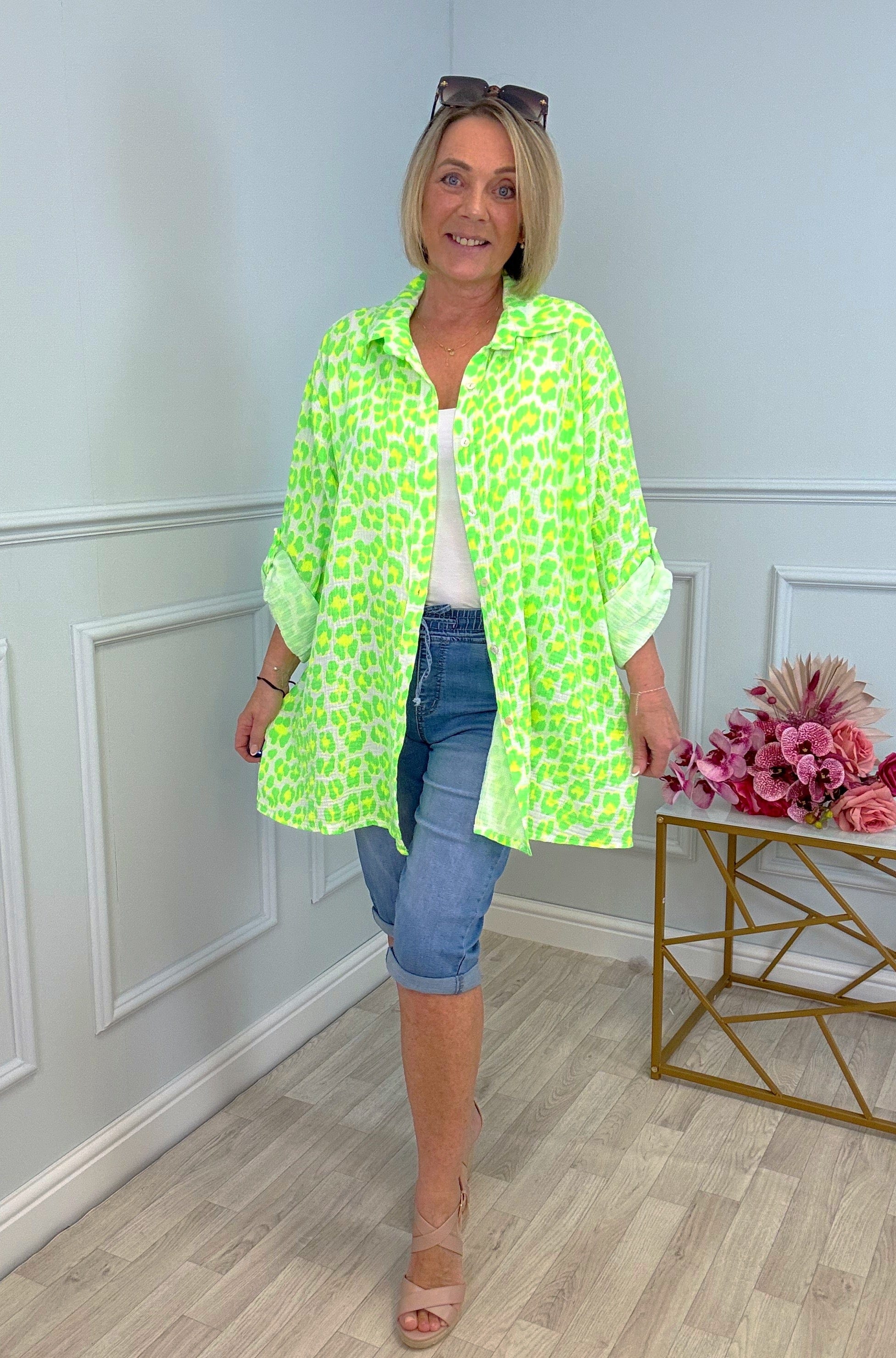 Cleo Neon Leopard Cheesecloth Shirt 10-20 Green
