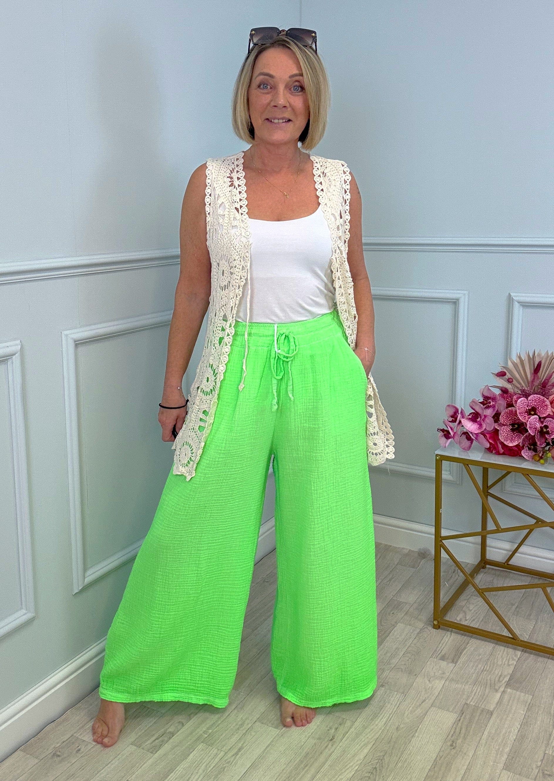 Zara Neon Cheesecloth Trousers 8-16 Lime Pop
