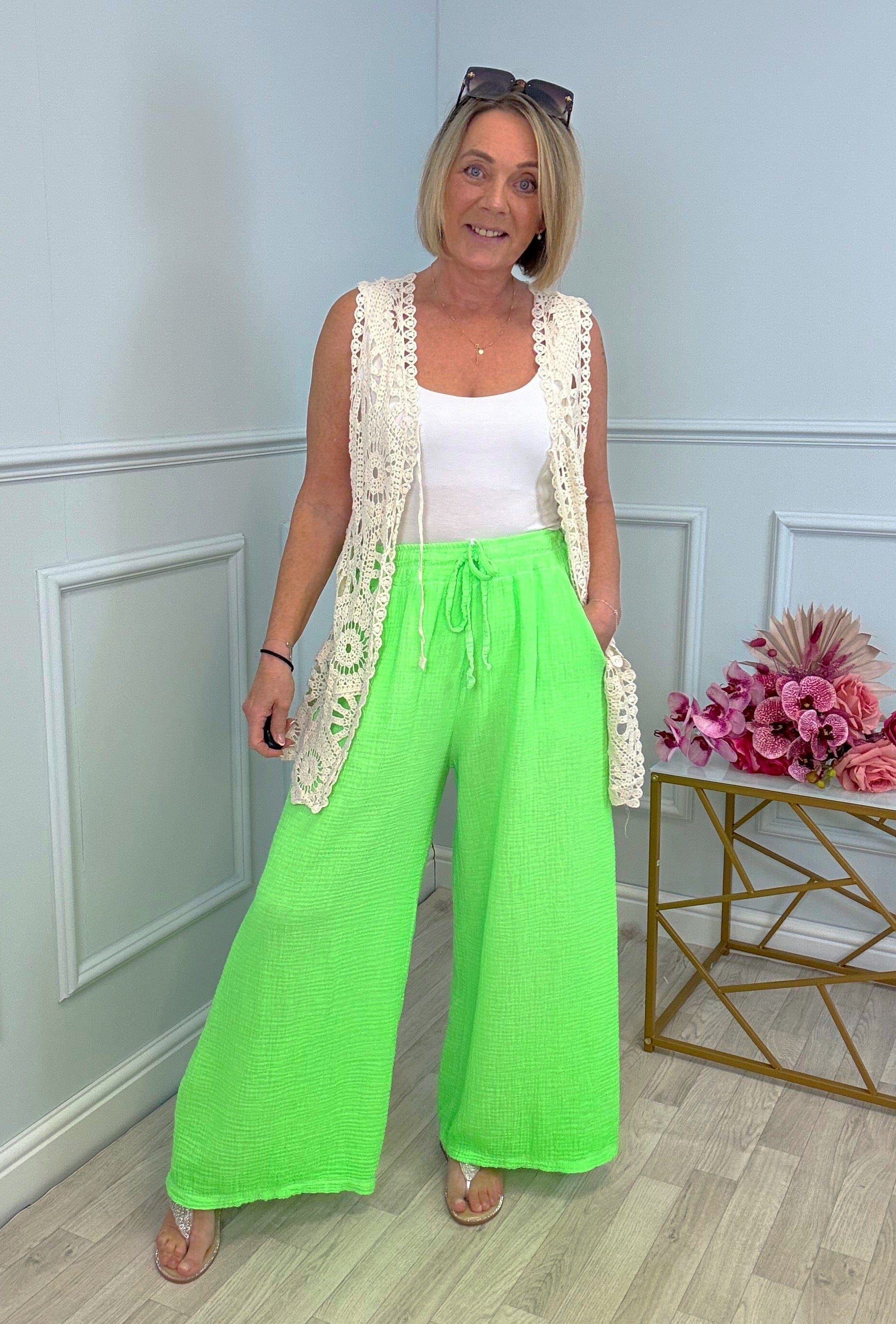 Zara Neon Cheesecloth Trousers 8-16 Lime Pop
