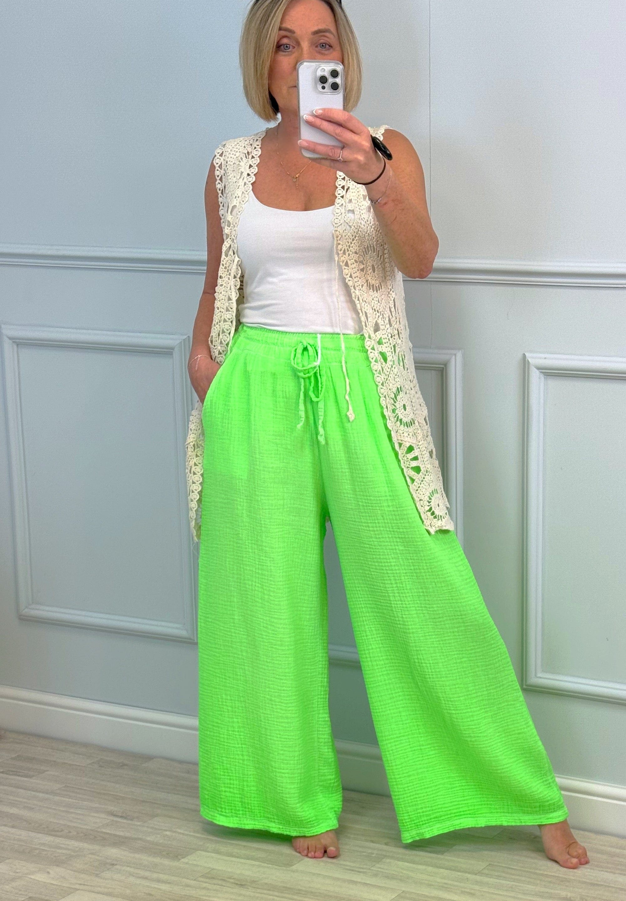 Zara Neon Cheesecloth Trousers 8-16 Lime Pop