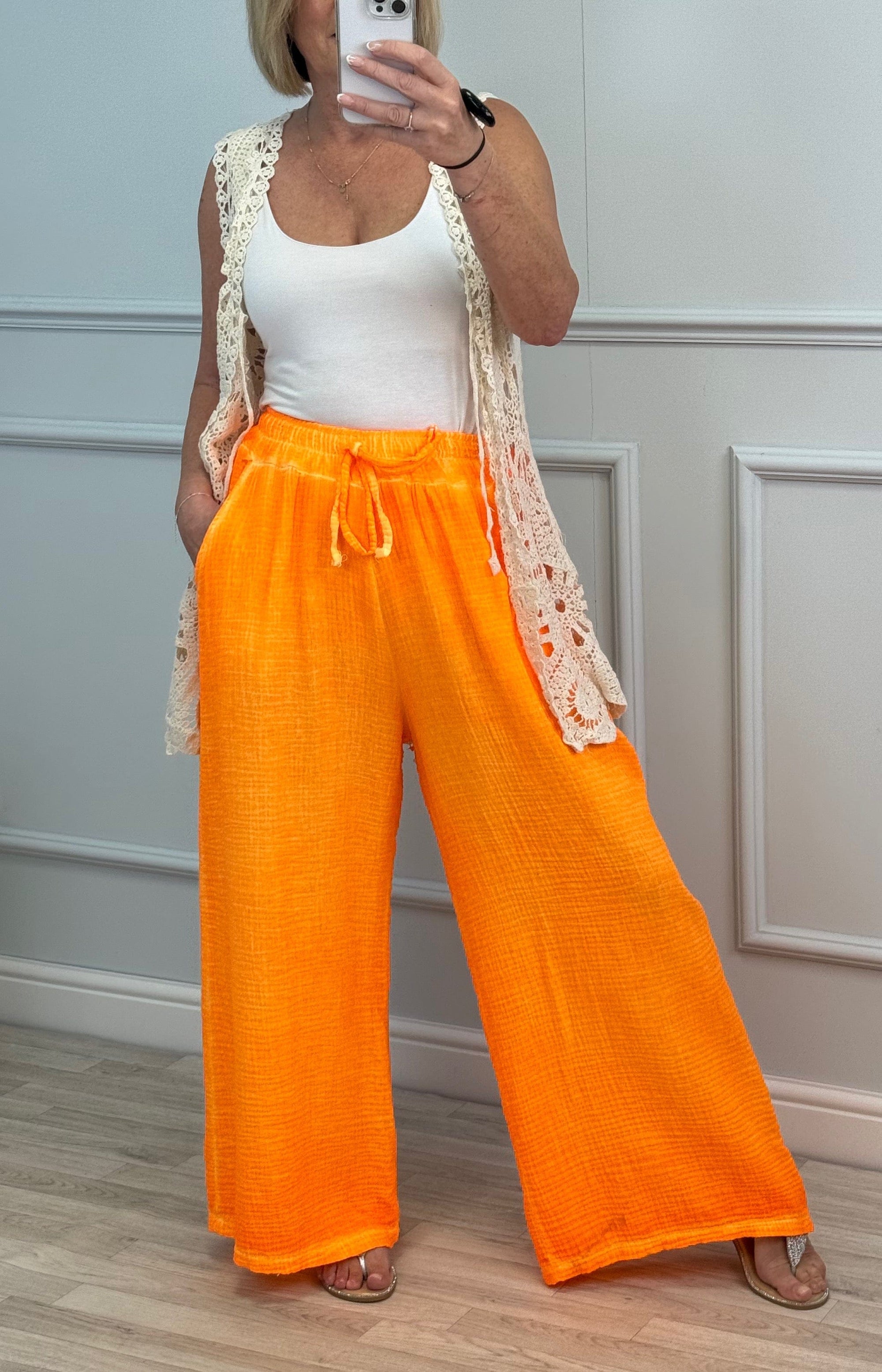 Zara Neon Cheesecloth Trousers 8-16 Orange Pop