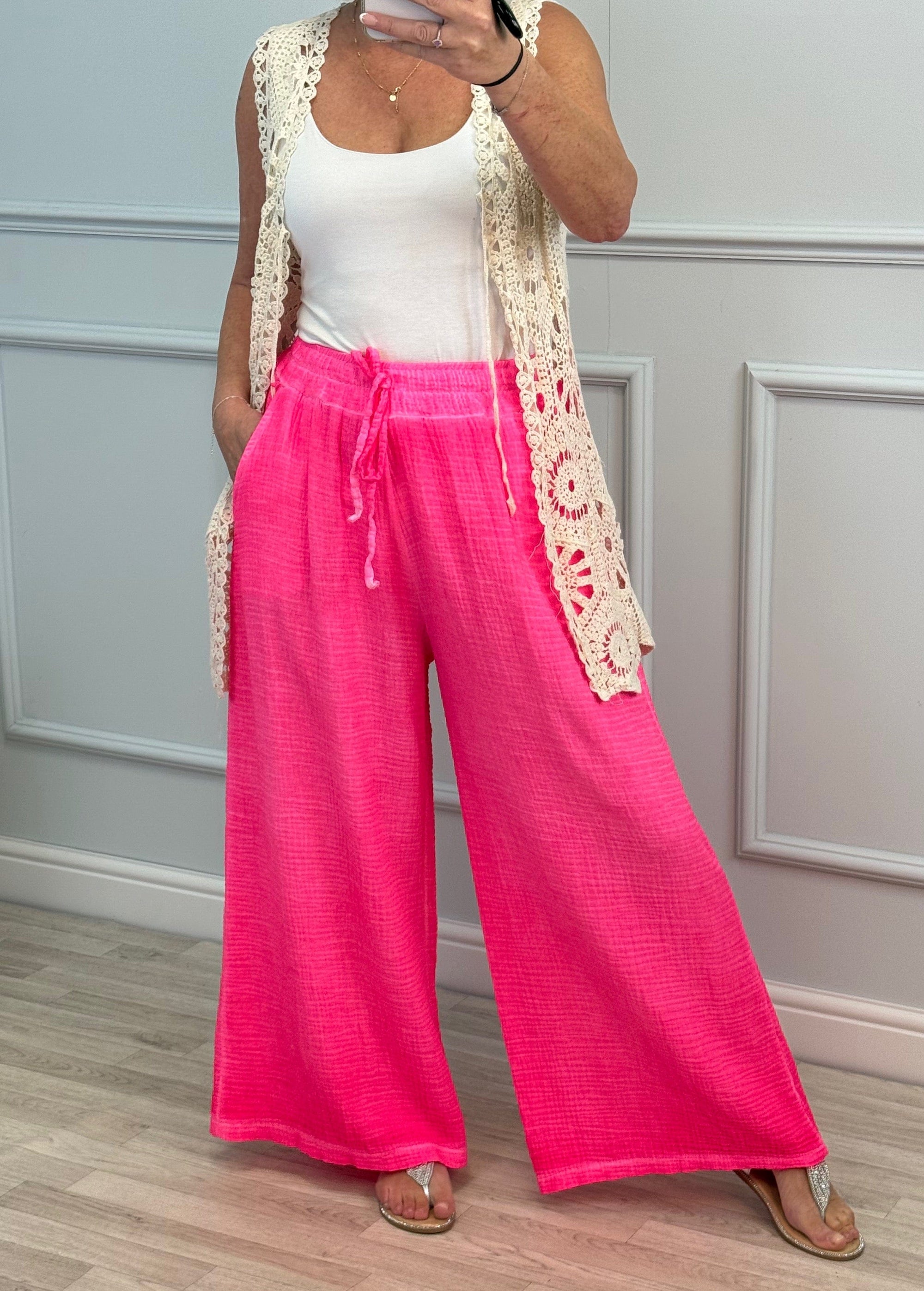 Zara Neon Cheesecloth Trousers 8-16 Hot pink