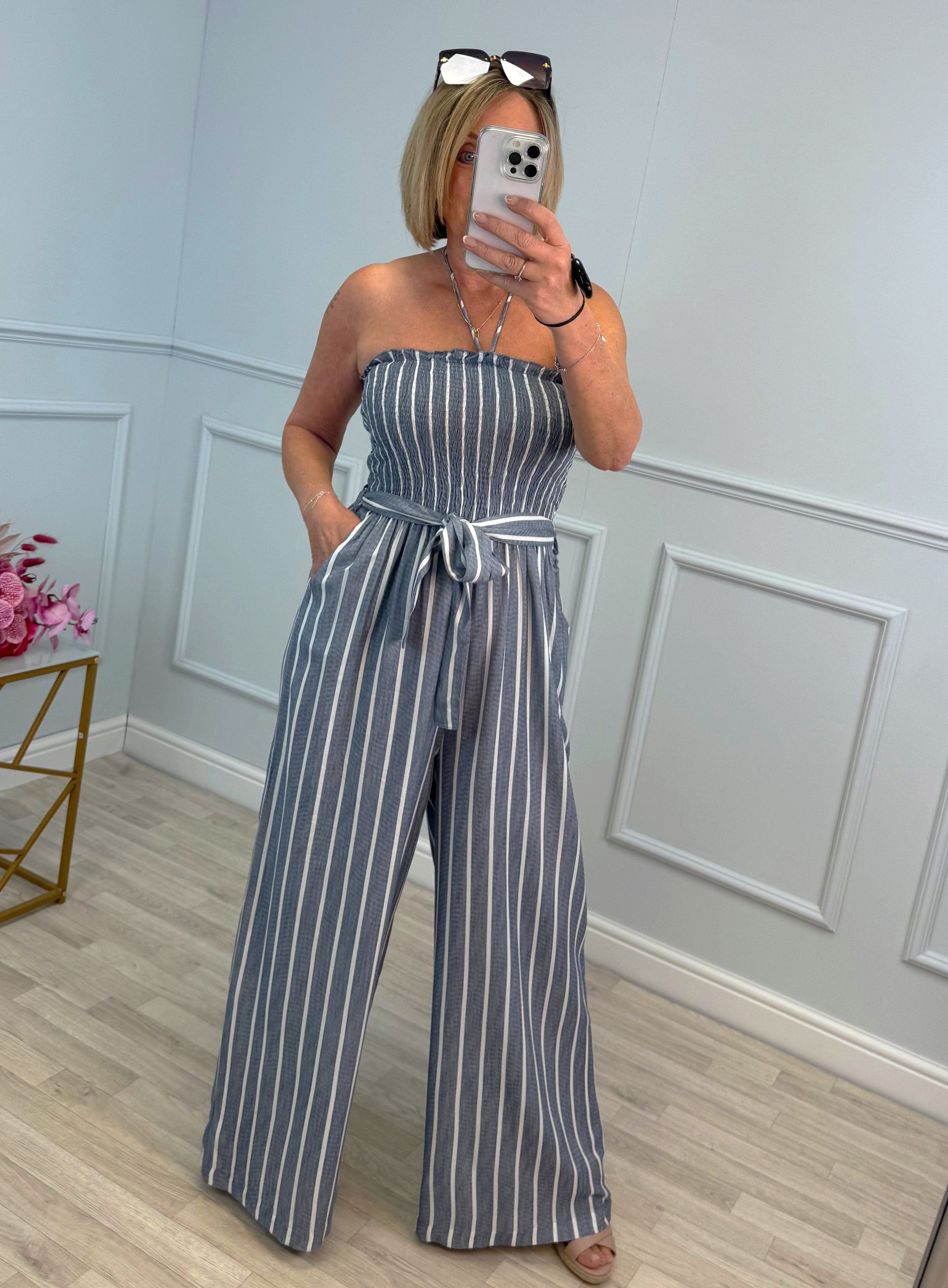 Elodie Pinstripe Shirred Tie Neck Jumpsuit 8-16 Denim Blue